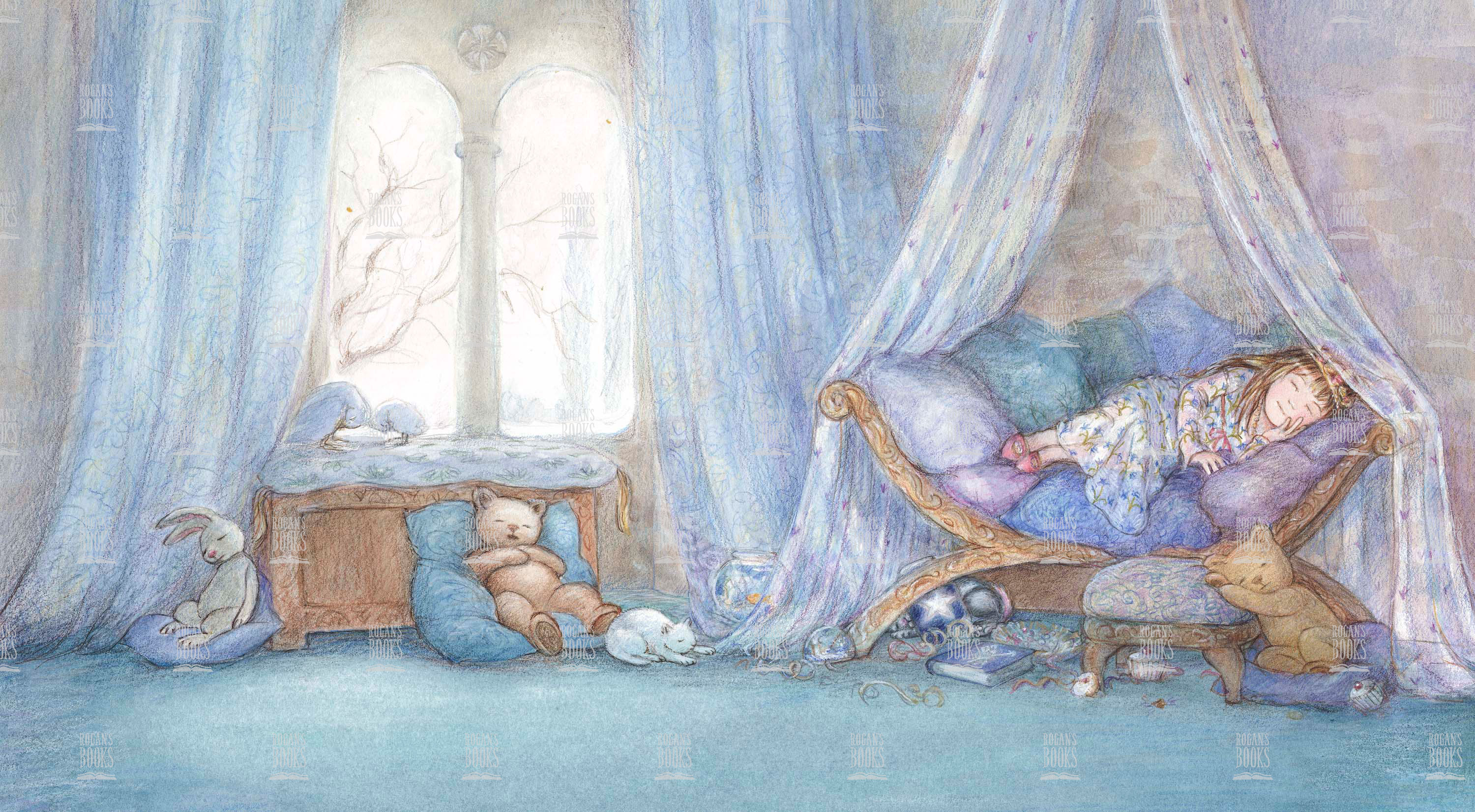Мешает спать принцессам. Комната книжные иллюстрации.